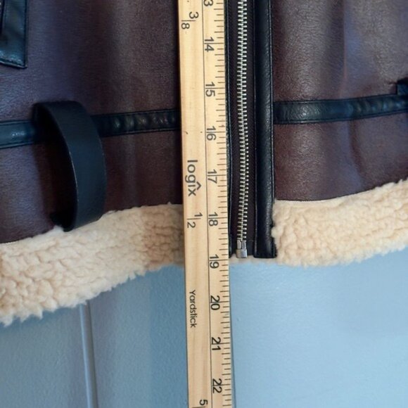 Cropped aviator shearling moto jacket brown faux leather Coat Zara Sz M NO BELT - Picture 4 of 10